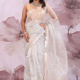 White Organza Saree With Scallop Border