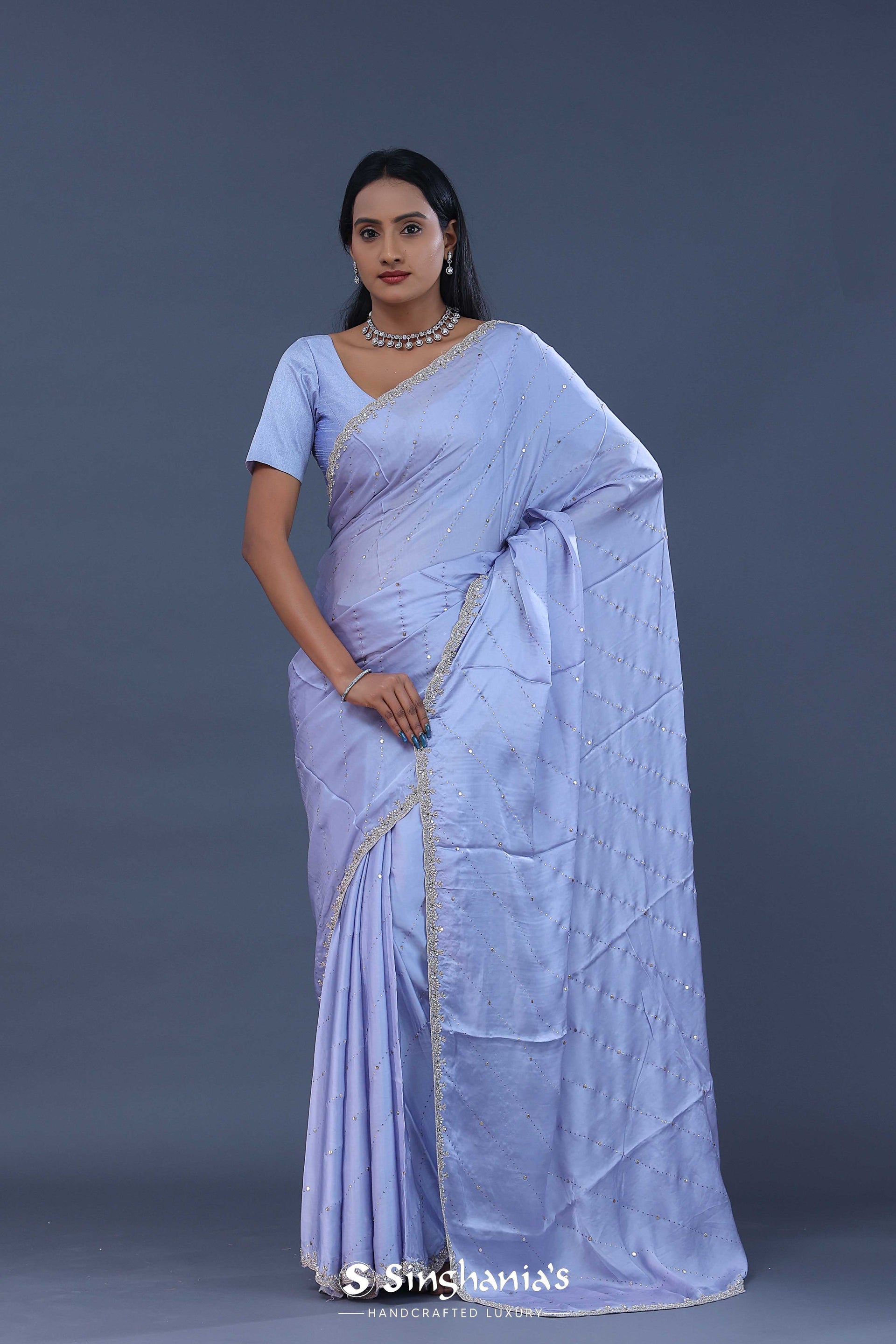  <img> Blue Satin Saree With Scallop Border