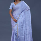 Cornflower Blue Satin Saree With Scallop Border
