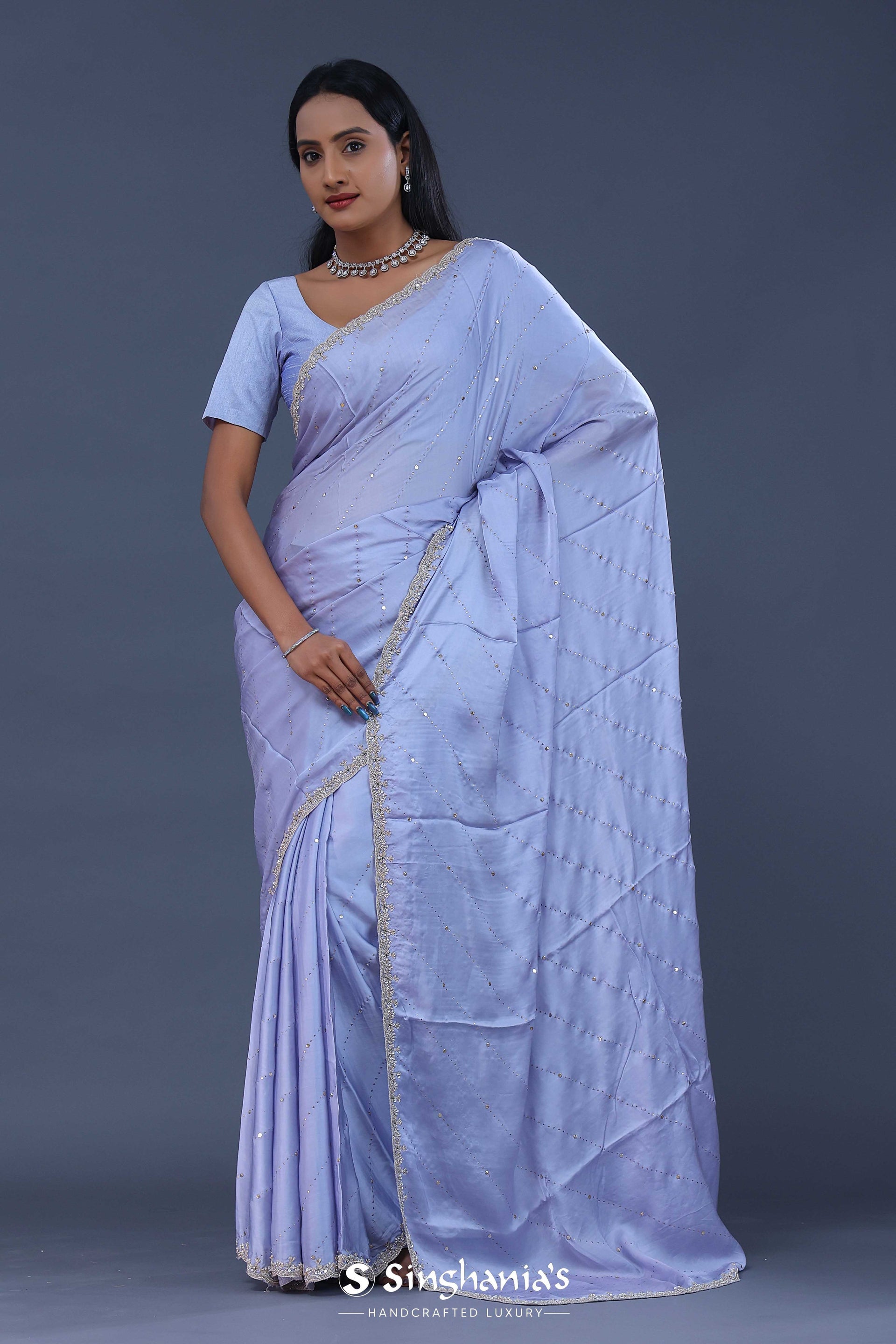  <img> Blue Satin Saree With Scallop Border