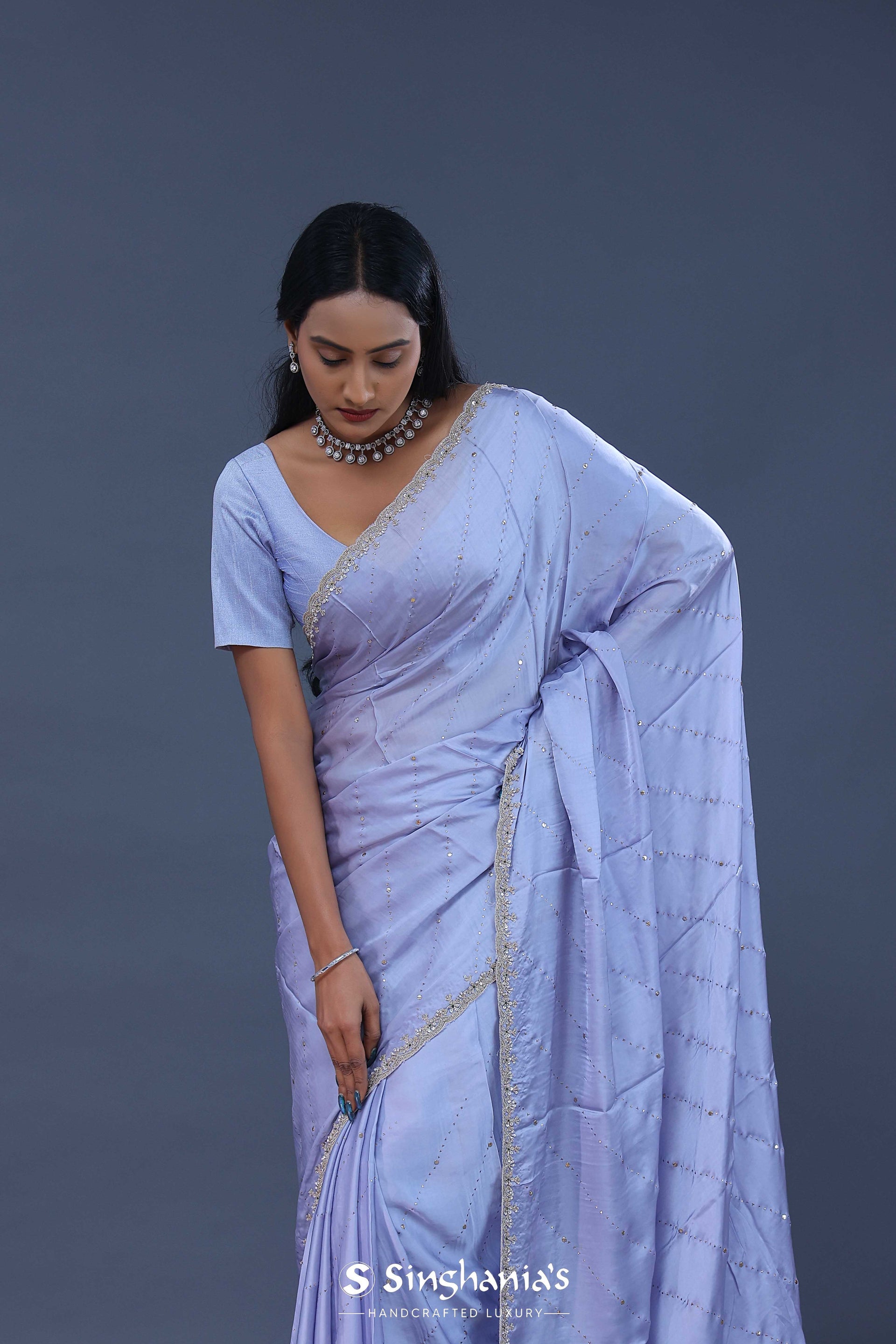  <img> Blue Satin Saree With Scallop Border