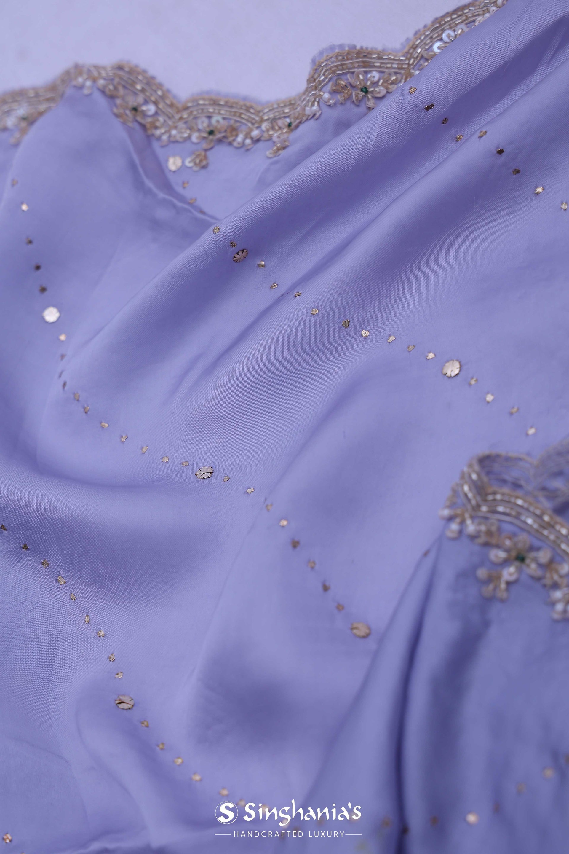  <img> Blue Satin Saree With Scallop Border