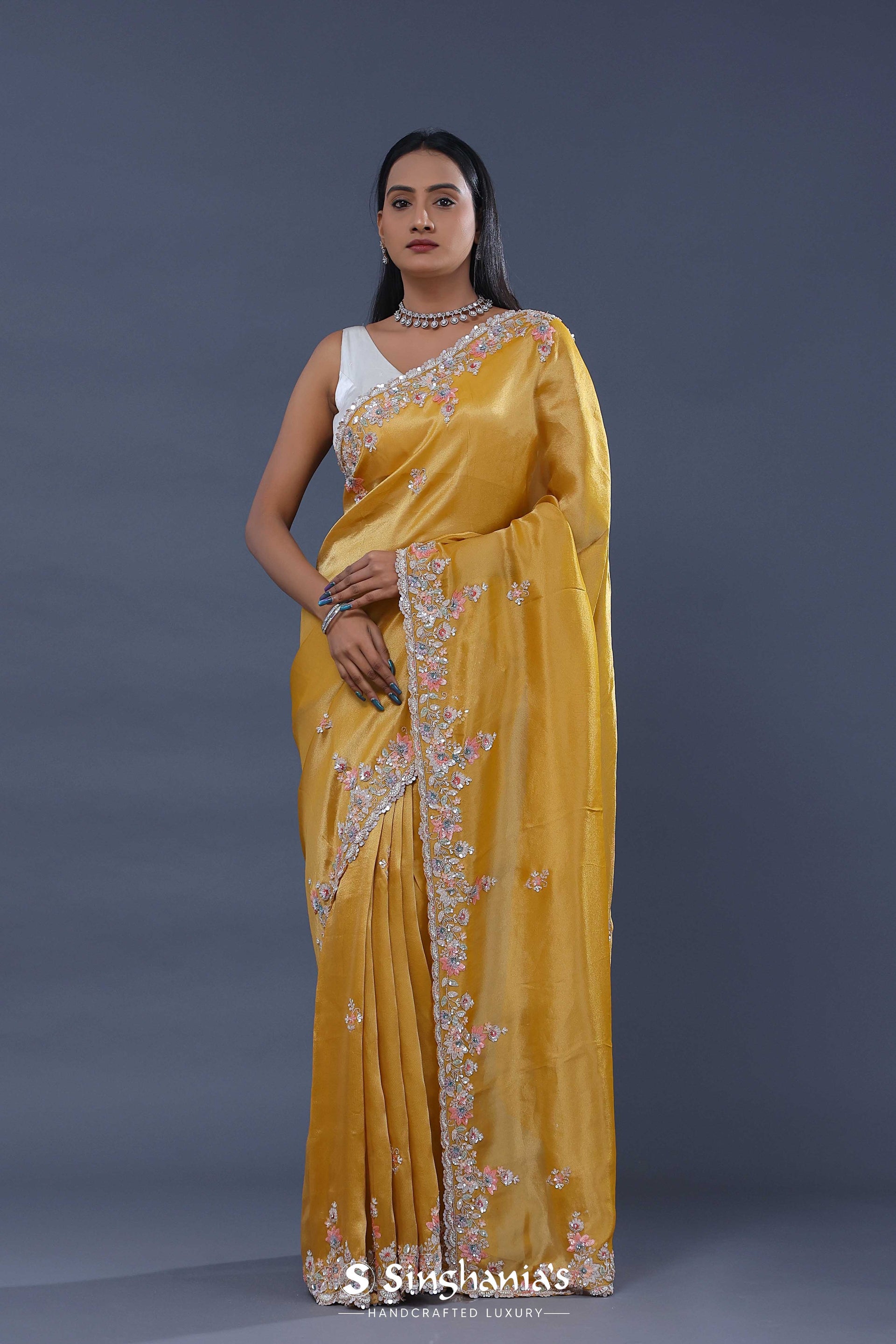 <img> Goldenrod Yellow Tissue Saree With Scallop Border