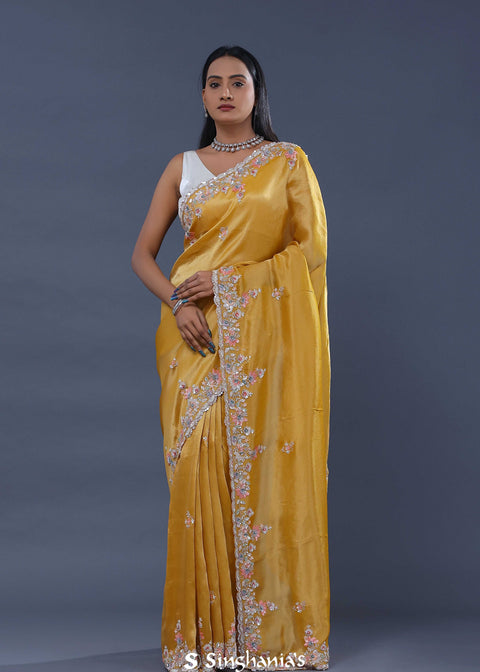 <img> Goldenrod Yellow Tissue Saree With Scallop Border
