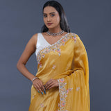 Goldenrod Yellow Tissue Saree With Scallop Border