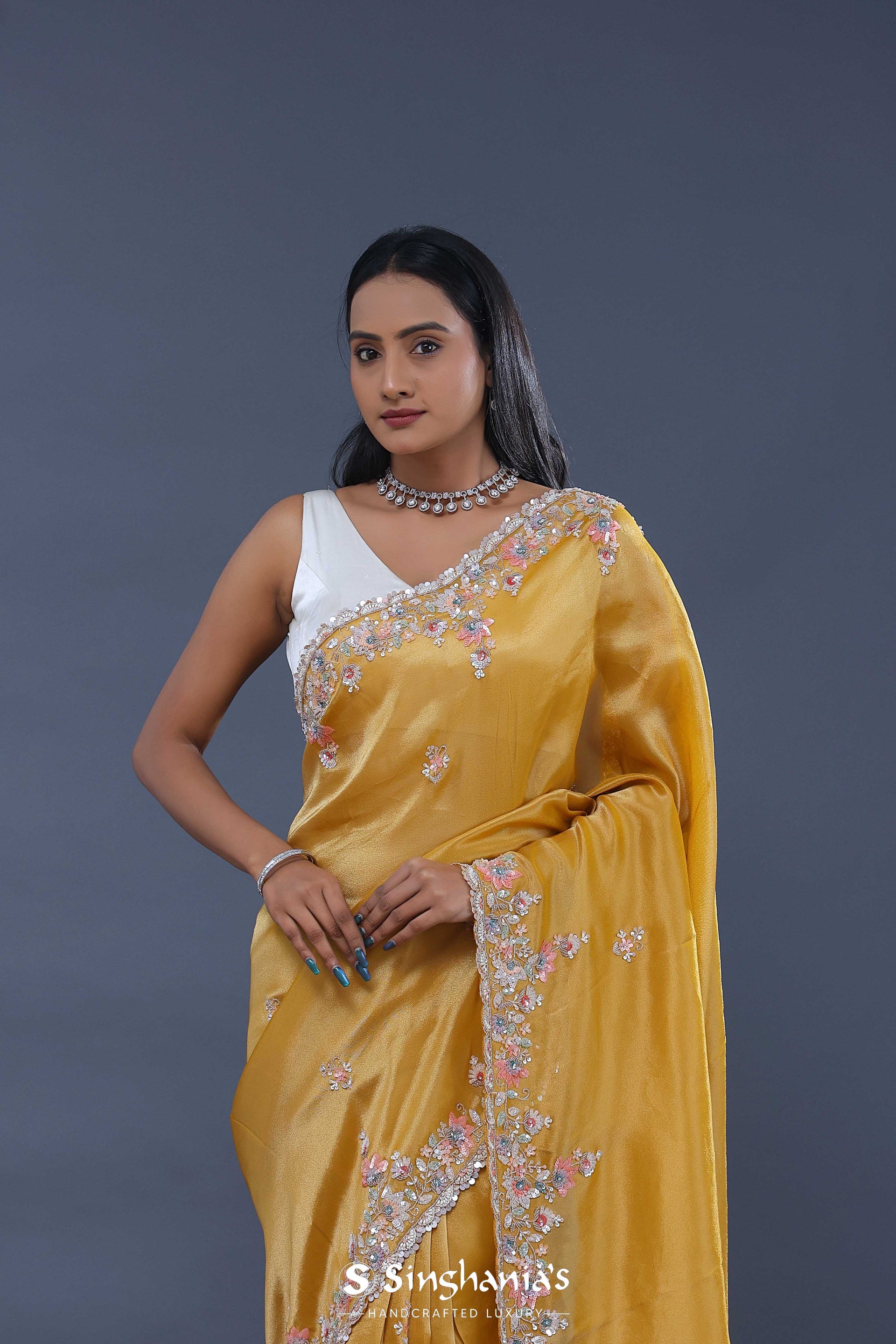 <img> Goldenrod Yellow Tissue Saree With Scallop Border