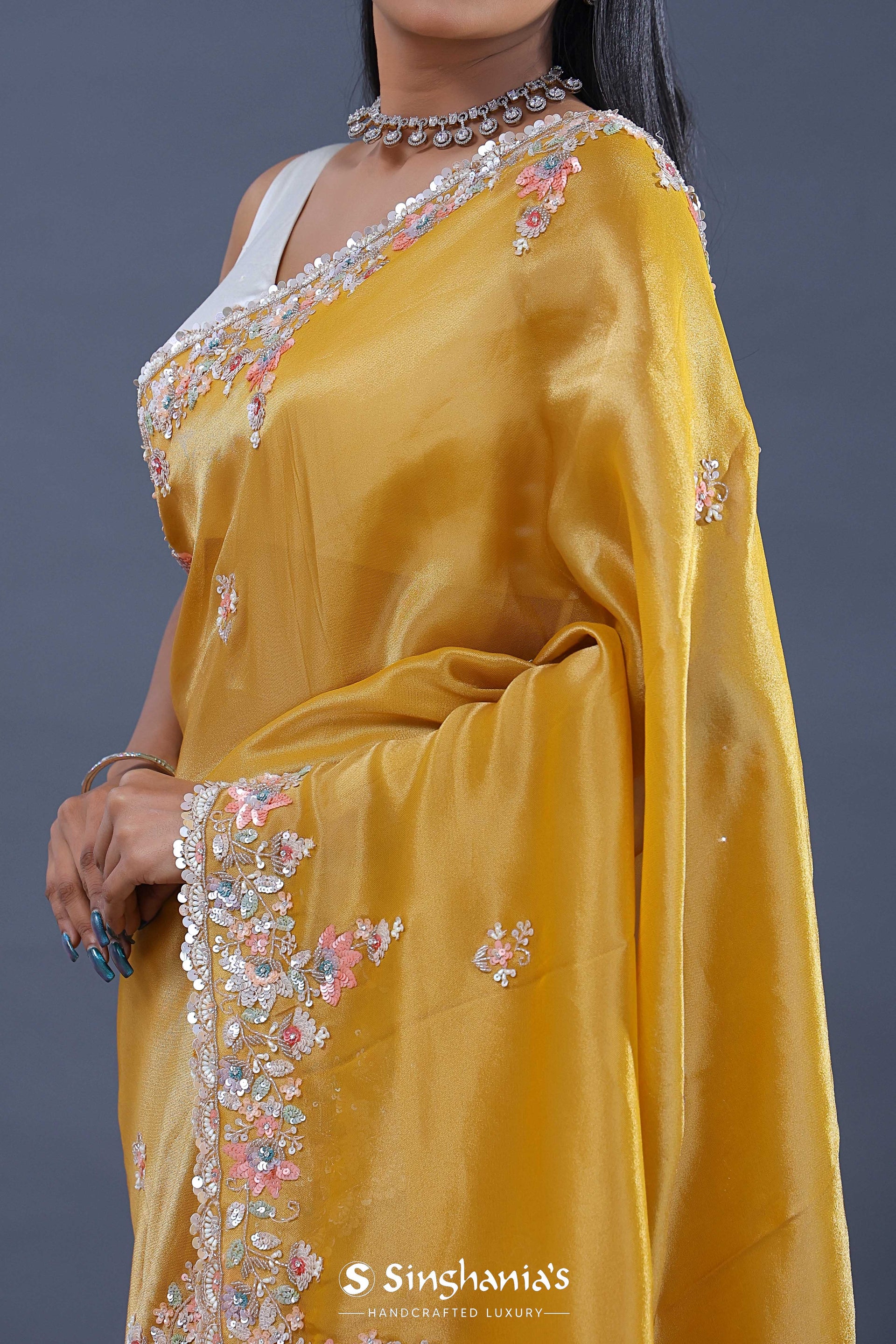 <img> Goldenrod Yellow Tissue Saree With Scallop Border