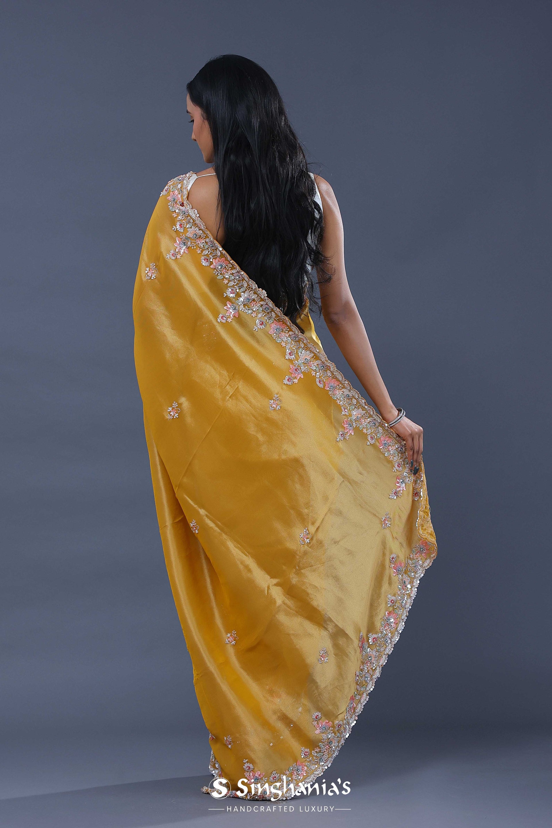 <img> Goldenrod Yellow Tissue Saree With Scallop Border