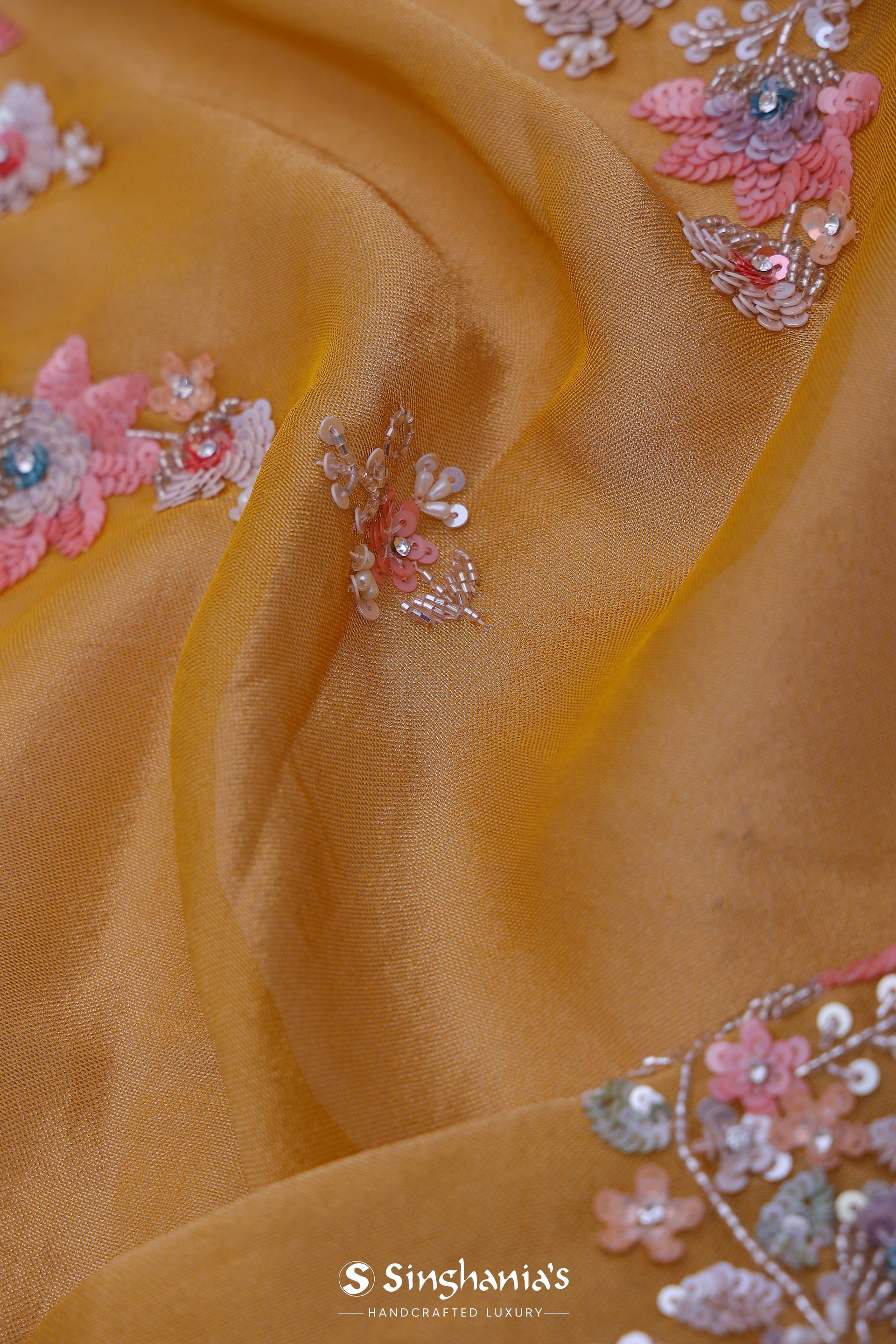 <img> Goldenrod Yellow Tissue Saree With Scallop Border