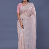 Soft Pastel Pink Crushed Tissue Saree With Scallop Border