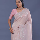 Soft Pastel Pink Crushed Tissue Saree With Scallop Border