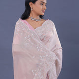 Soft Pastel Pink Crushed Tissue Saree With Scallop Border