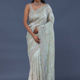 Pale Pista Green Tissue Saree With Embroidery Work