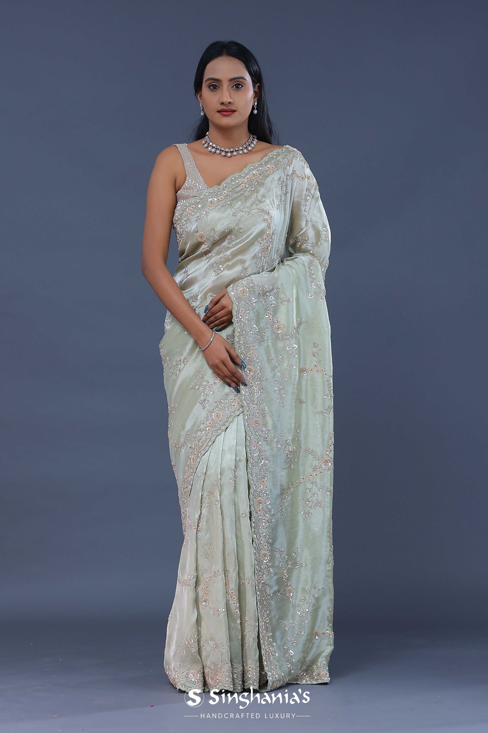 <img> Pale Pista Green Tissue Saree With Embroidery Work