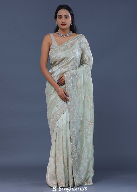 <img> Pale Pista Green Tissue Saree With Embroidery Work