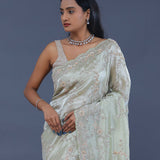 Pale Pista Green Tissue Saree With Embroidery Work
