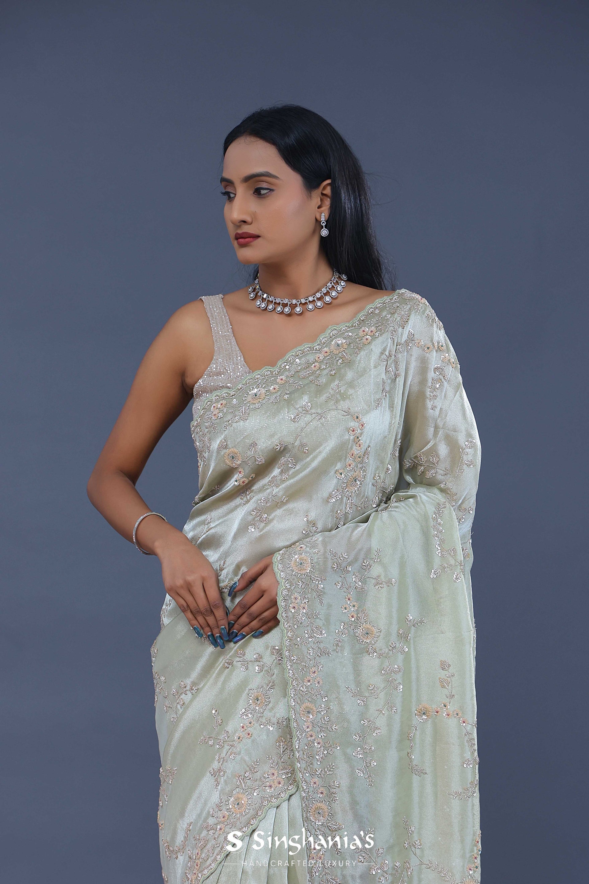 <img> Pale Pista Green Tissue Saree With Embroidery Work