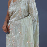 Pale Pista Green Tissue Saree With Embroidery Work