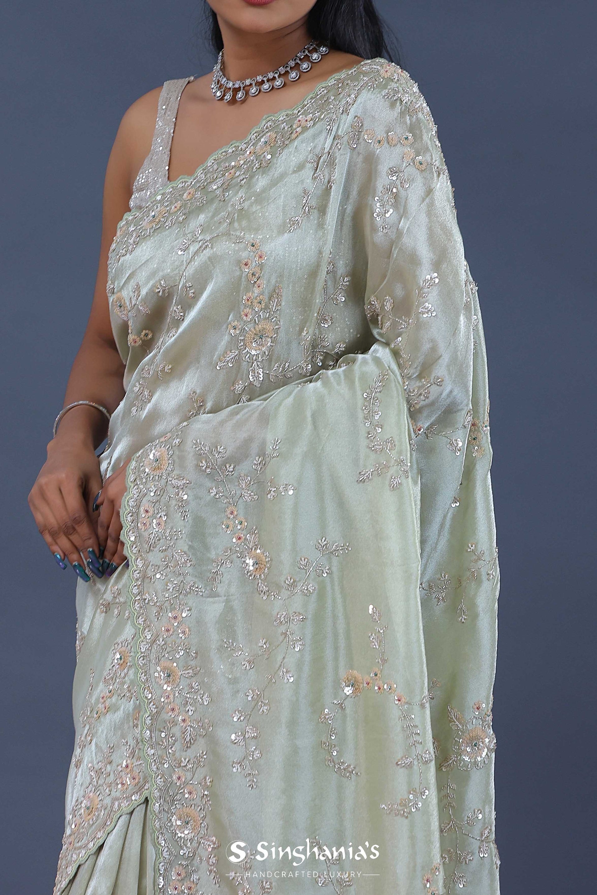 <img> Pale Pista Green Tissue Saree With Embroidery Work