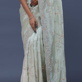 Pale Pista Green Tissue Saree With Embroidery Work
