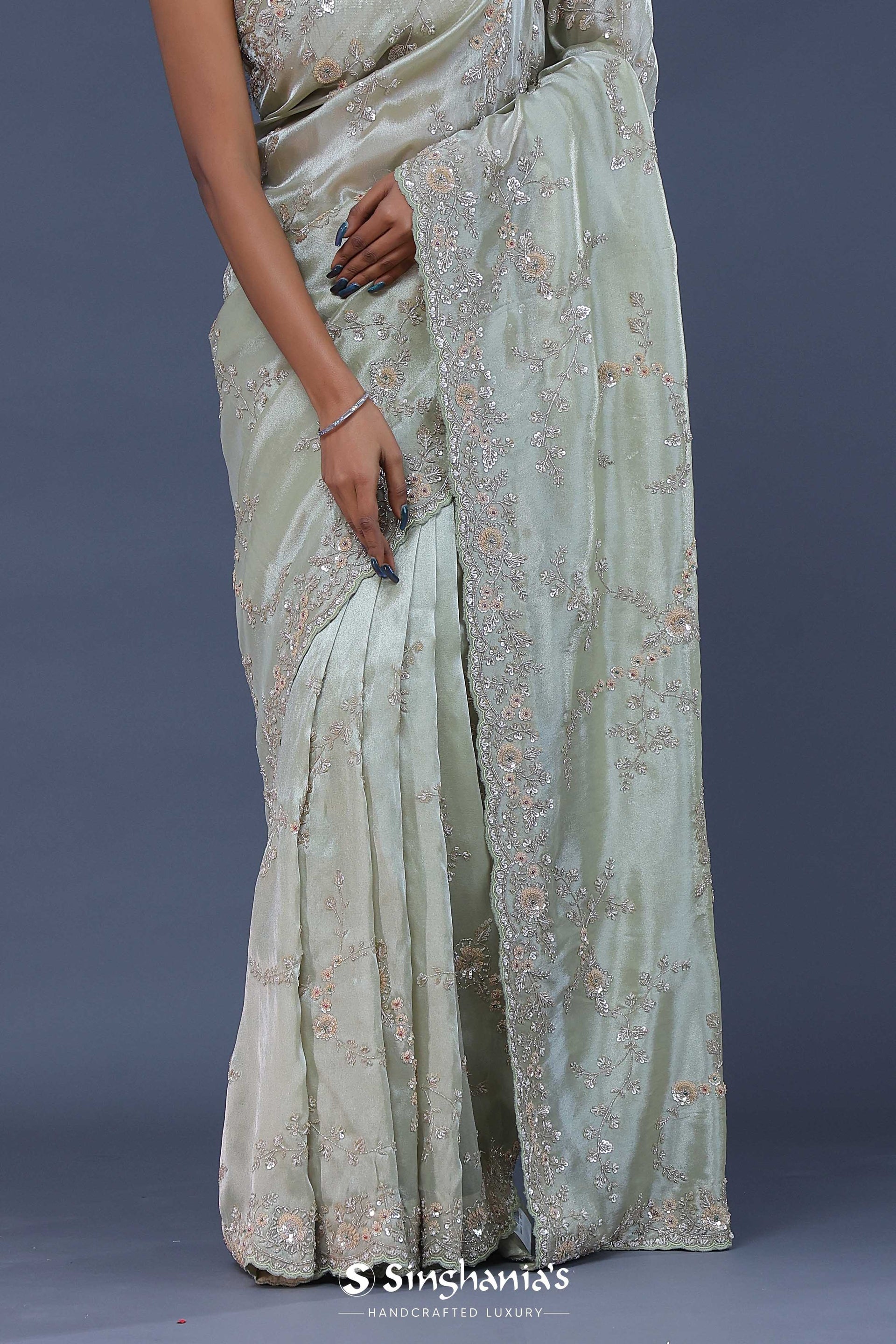 <img> Pale Pista Green Tissue Saree With Embroidery Work