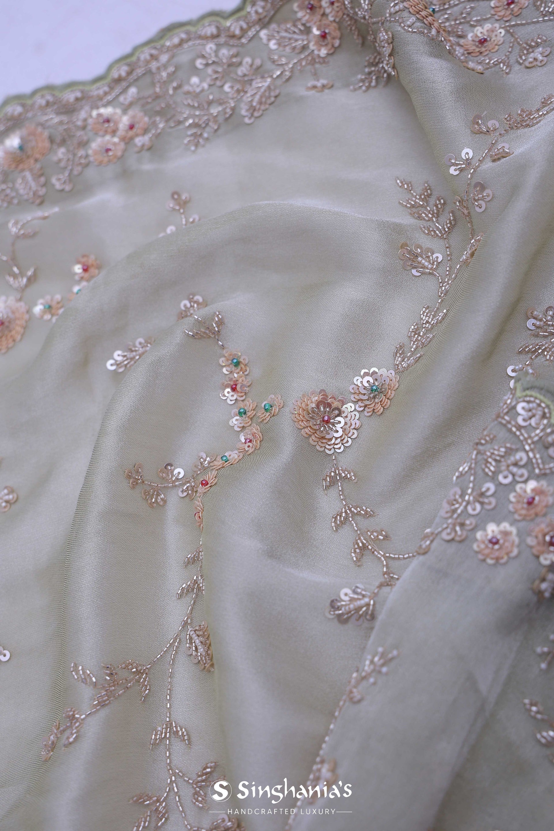 <img> Pale Pista Green Tissue Saree With Embroidery Work