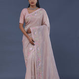 Pastel Pink Crushed Tissue Saree With Scallop Border