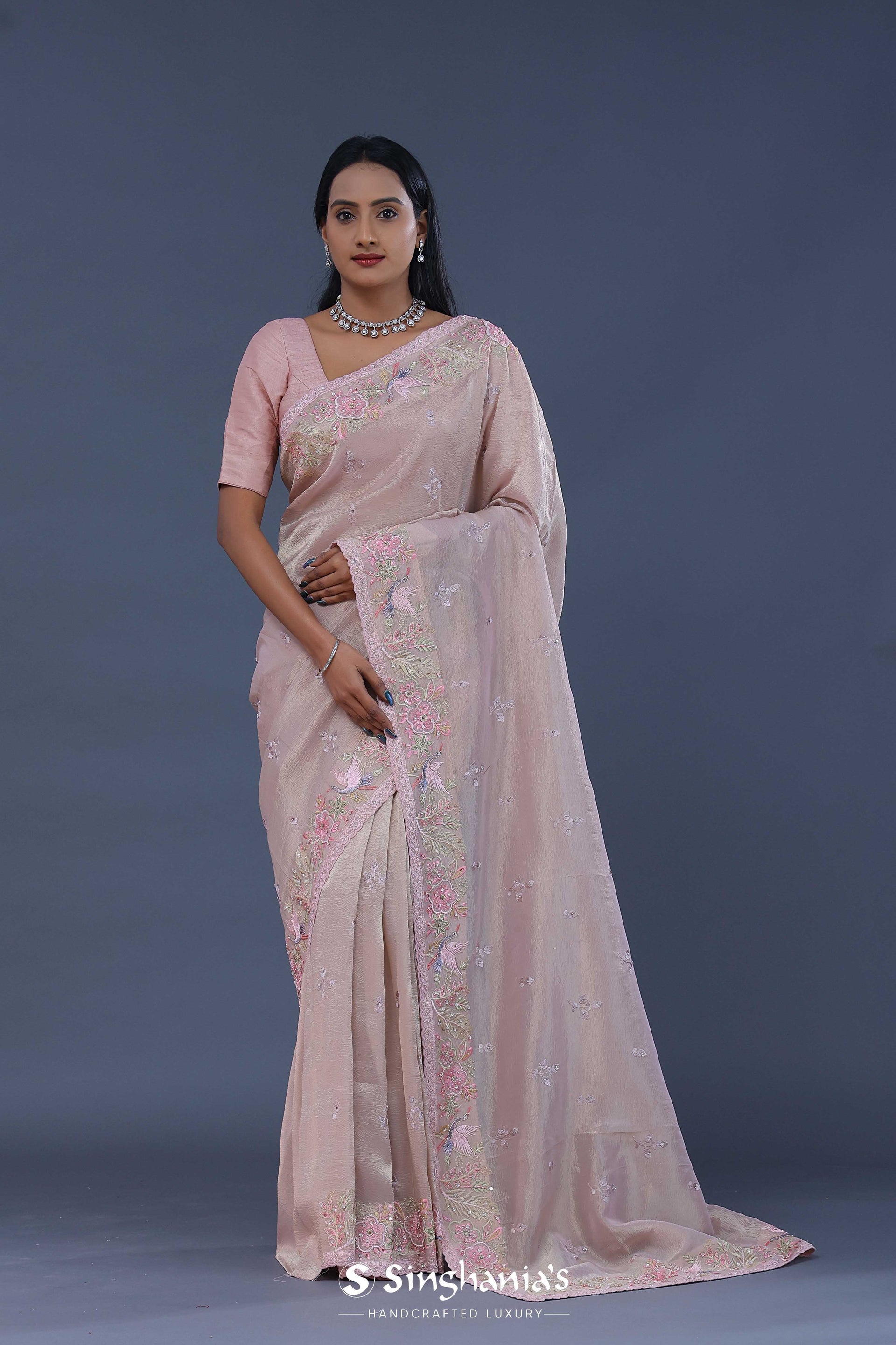 <img> Pastel Pink Crushed Tissue Saree With Scallop
