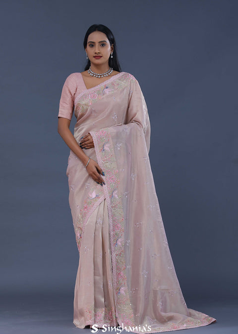 <img> Pastel Pink Crushed Tissue Saree With Scallop
