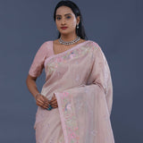 Pastel Pink Crushed Tissue Saree With Scallop Border