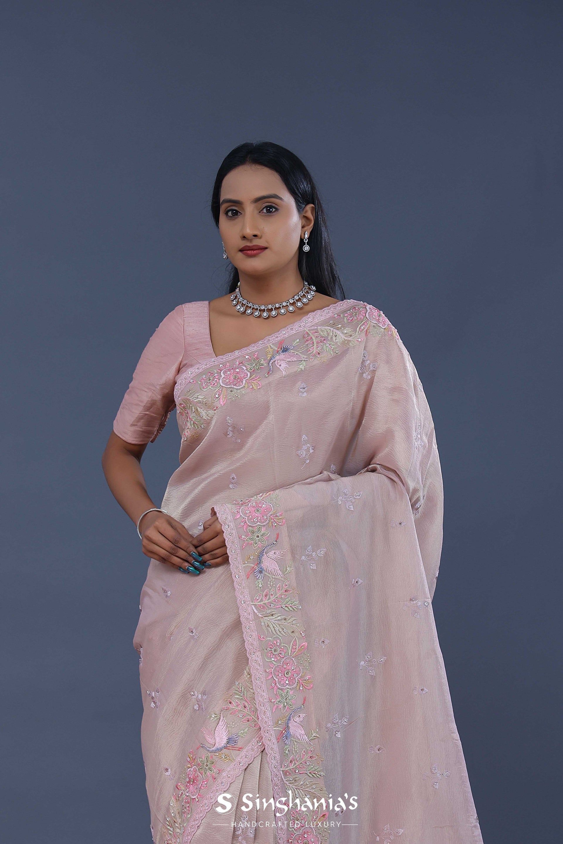 <img> Pastel Pink Crushed Tissue Saree With Scallop
