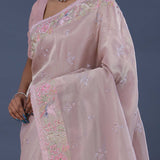 Pastel Pink Crushed Tissue Saree With Scallop Border