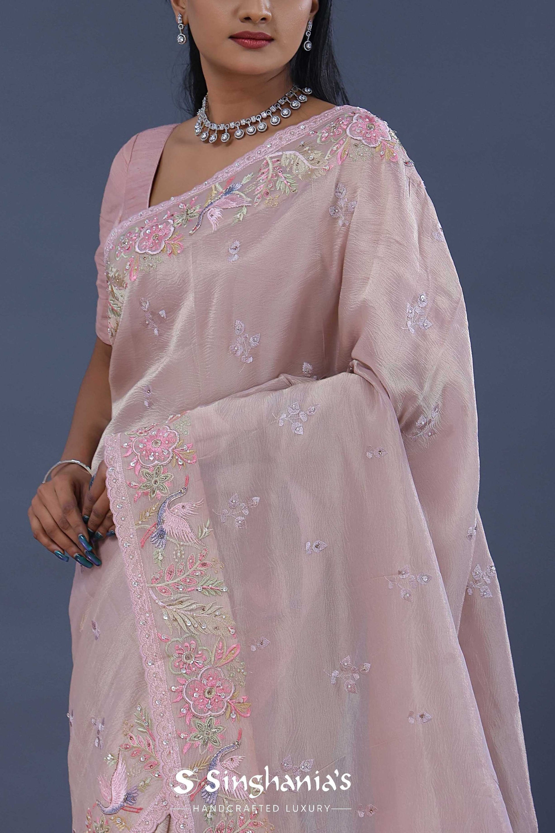 <img> Pastel Pink Crushed Tissue Saree With Scallop
