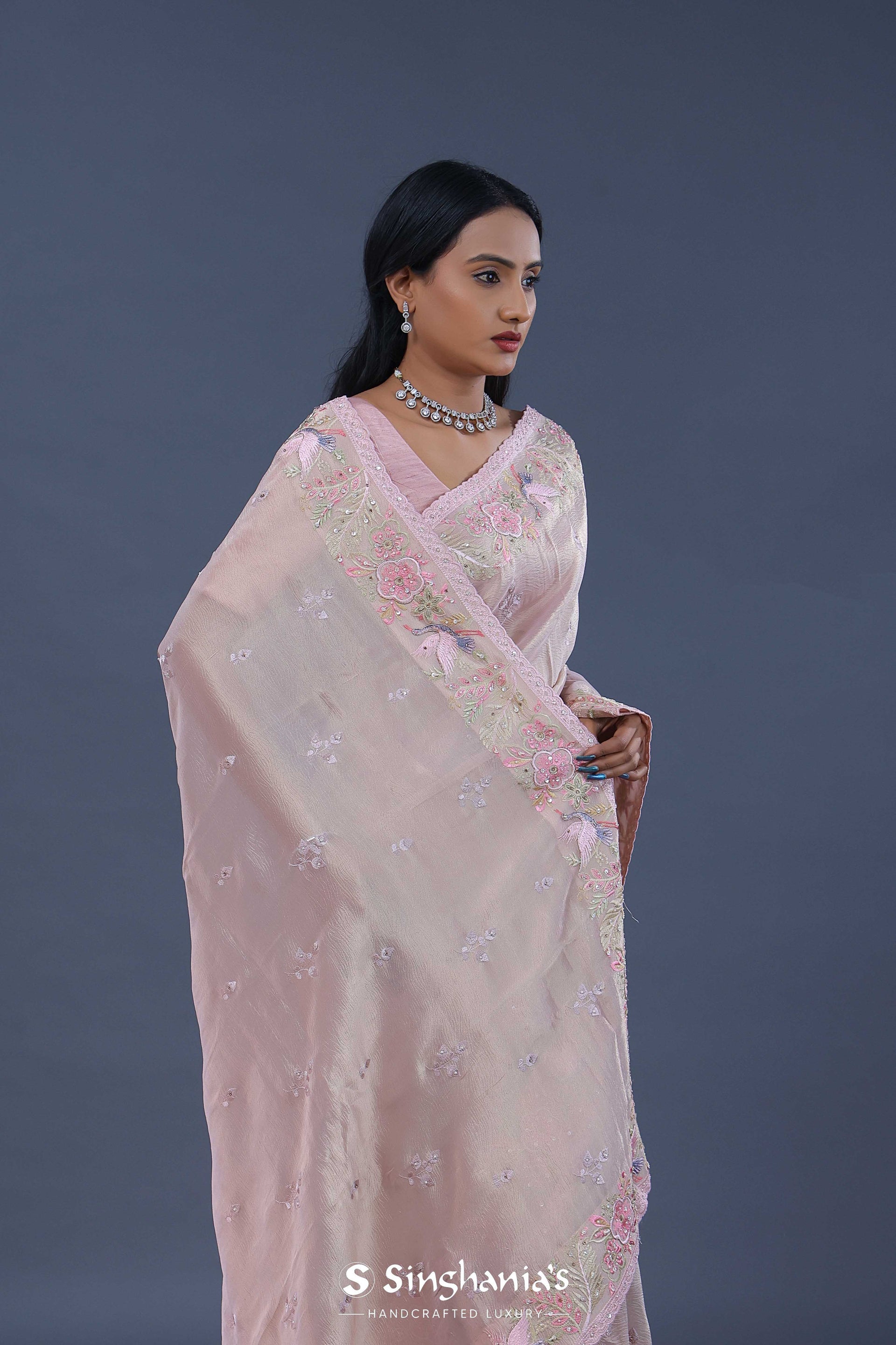 <img> Pastel Pink Crushed Tissue Saree With Scallop
