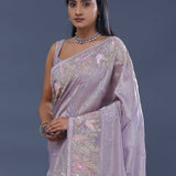 Lavender Crushed Tissue Saree With Embroidery Work