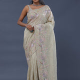 Gin Green Crushed Tissue Saree With Embroidery Work