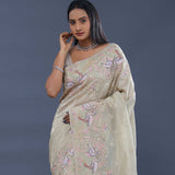 Gin Green Crushed Tissue Saree With Embroidery Work