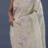 Gin Green Crushed Tissue Saree With Embroidery Work