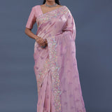 Carnation Pink Crushed Tissue Saree With Embroidery Work