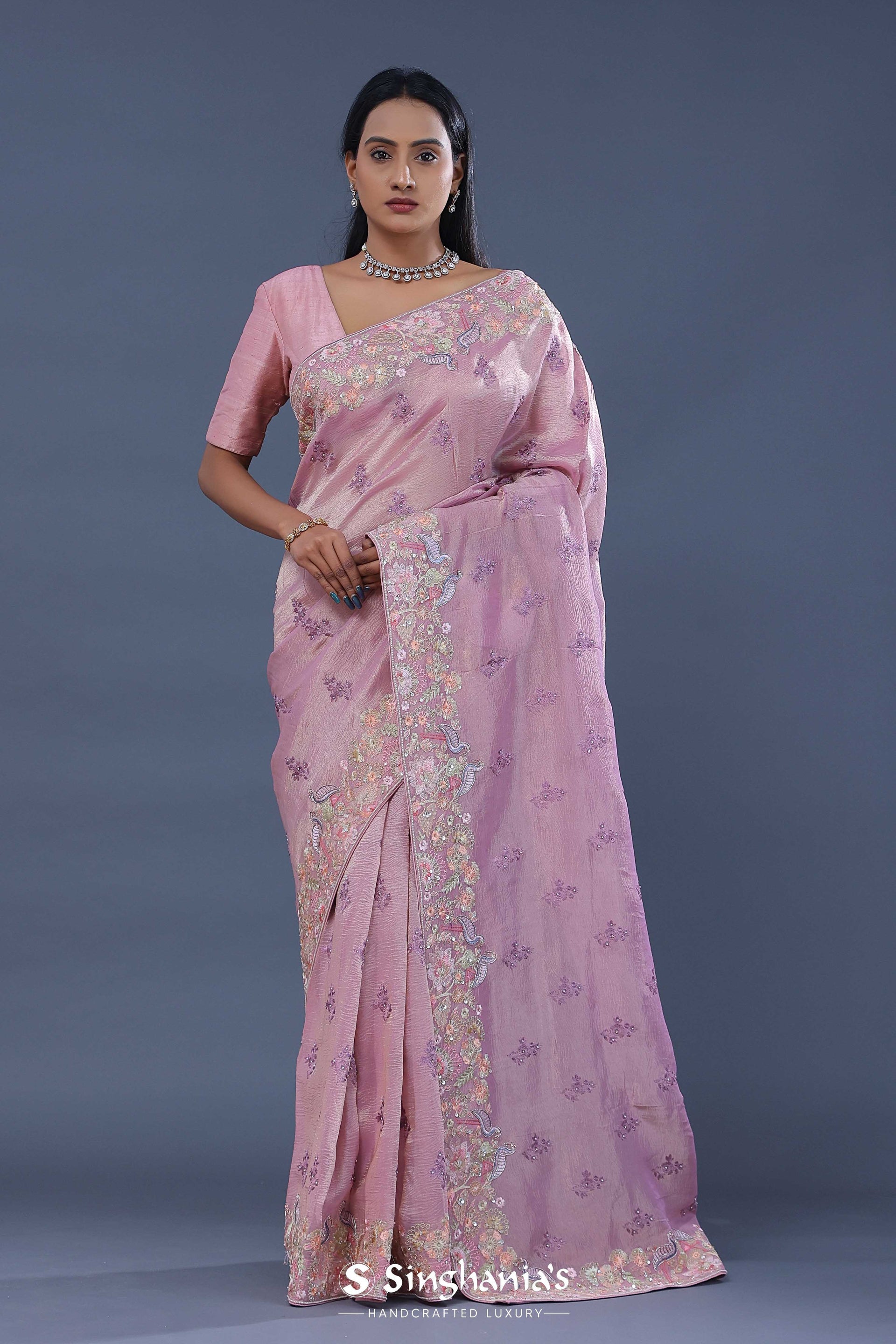  <img> Pink Tissue Saree With Embroidery Work