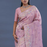 Carnation Pink Crushed Tissue Saree With Embroidery Work
