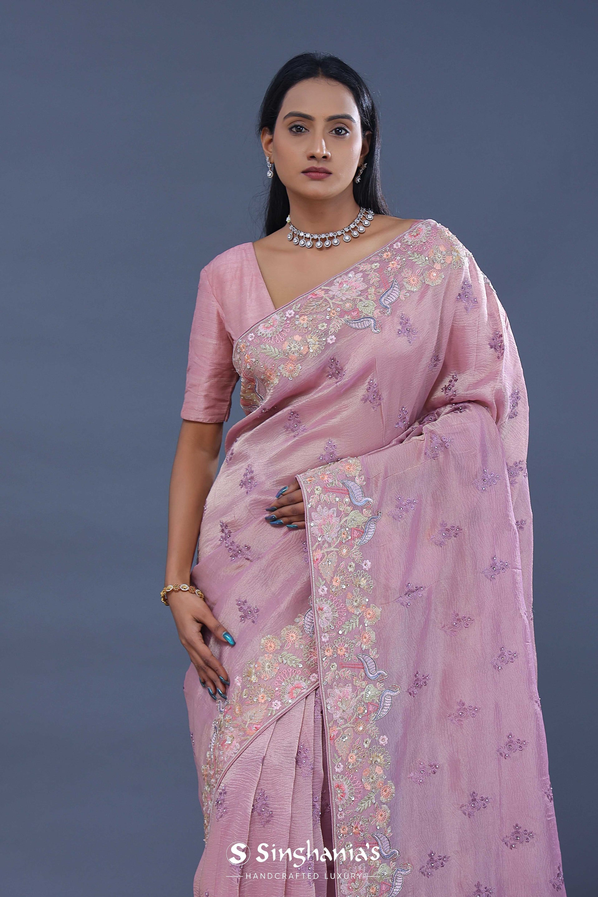  <img> Pink Tissue Saree With Embroidery Work