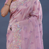 Carnation Pink Crushed Tissue Saree With Embroidery Work