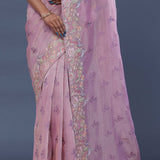 Carnation Pink Crushed Tissue Saree With Embroidery Work