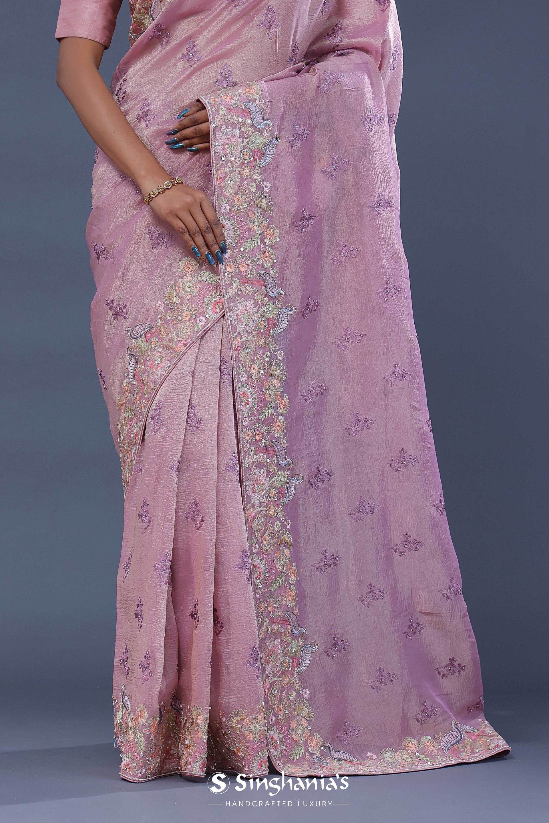  <img> Pink Tissue Saree With Embroidery Work
