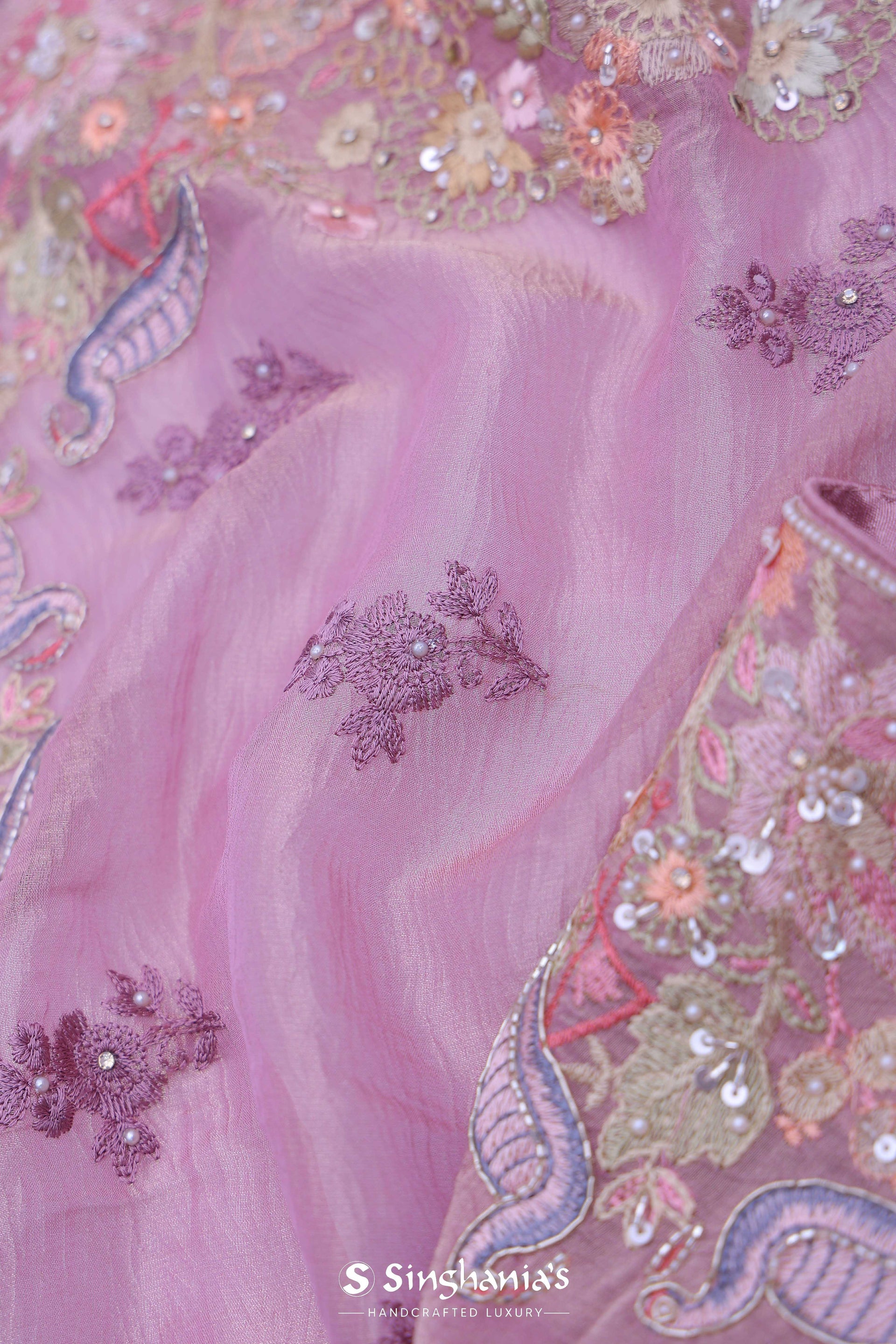  <img> Pink Tissue Saree With Embroidery Work