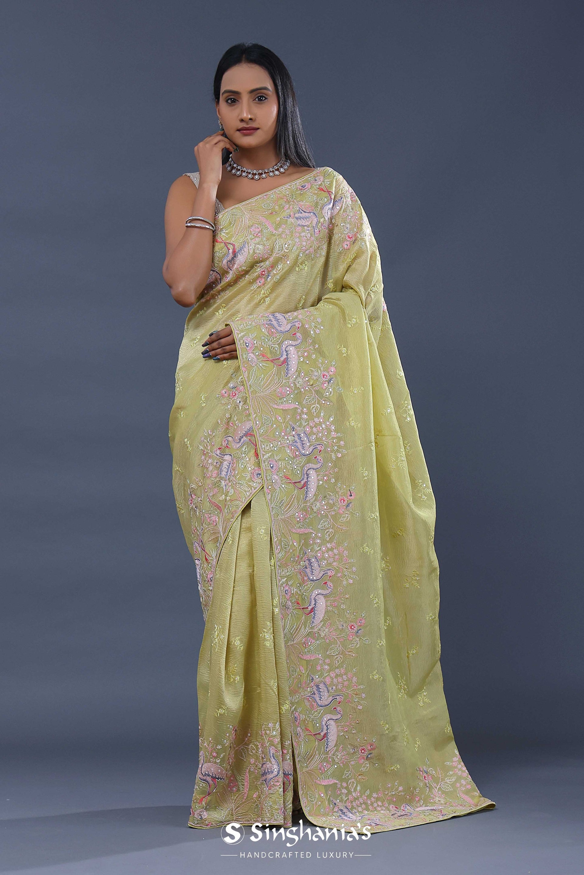 <img> Tan Brown Crushed Tissue Saree With Embroidery Work