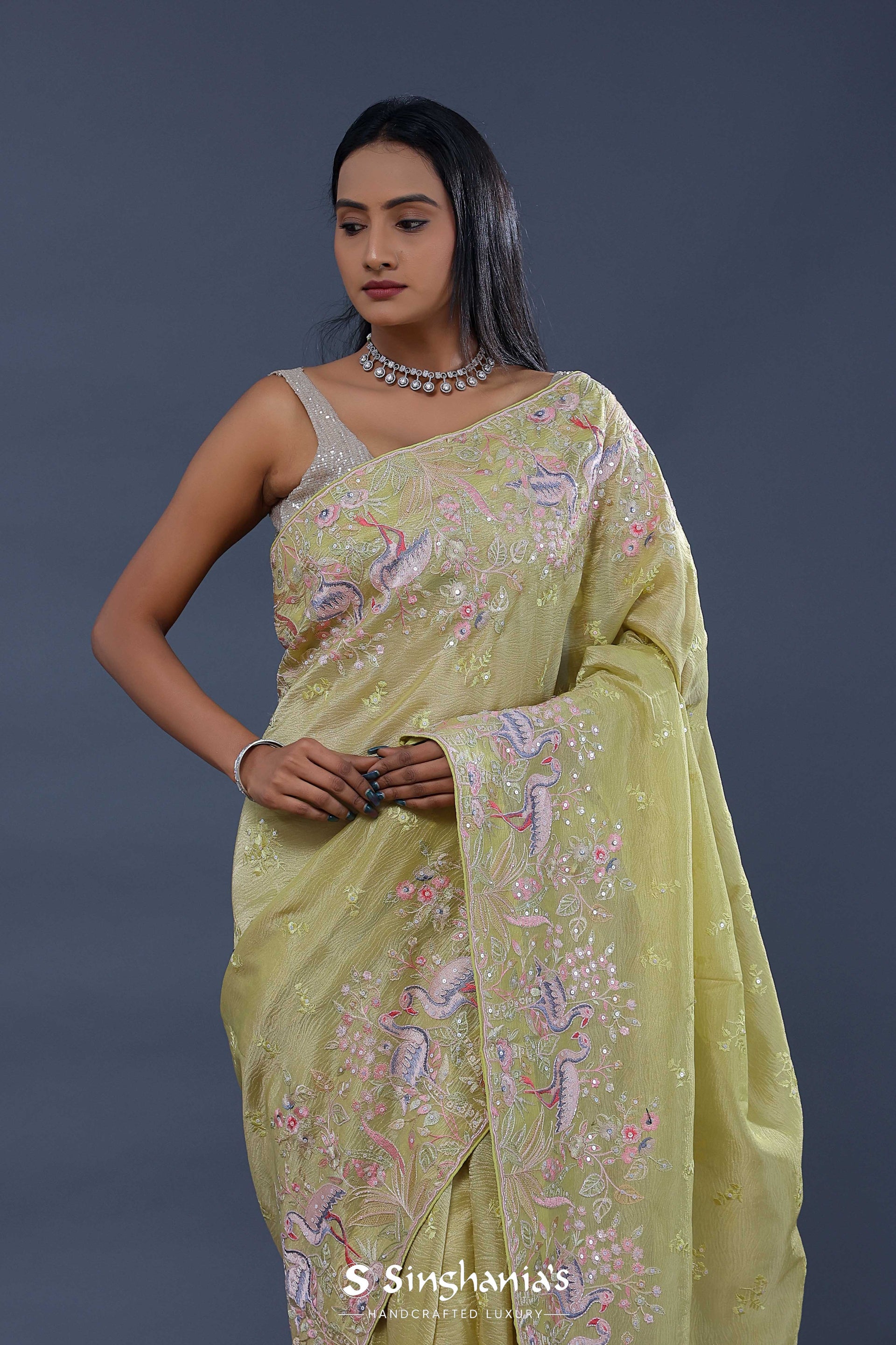 <img> Tan Brown Crushed Tissue Saree With Embroidery Work
