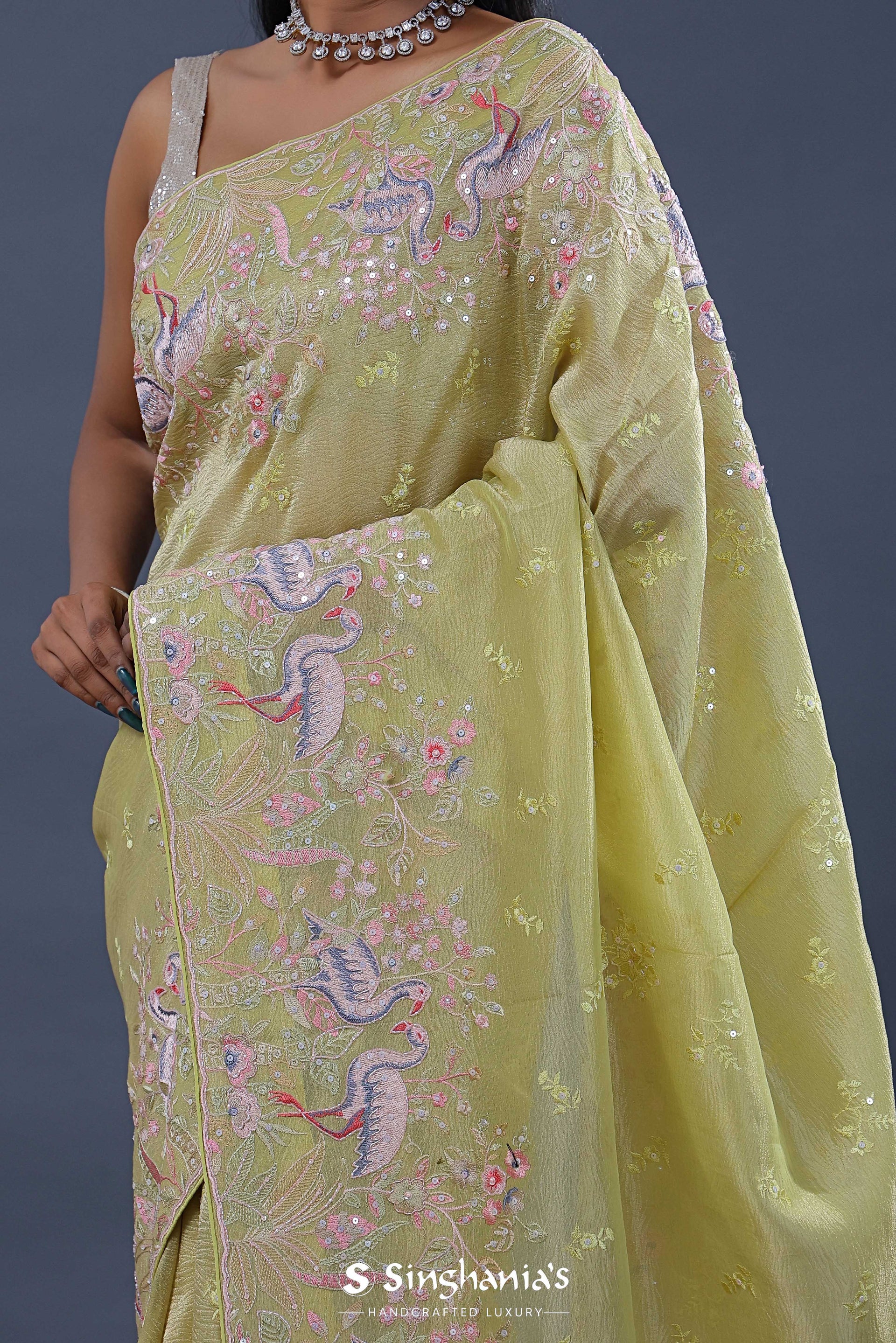 <img> Tan Brown Crushed Tissue Saree With Embroidery Work