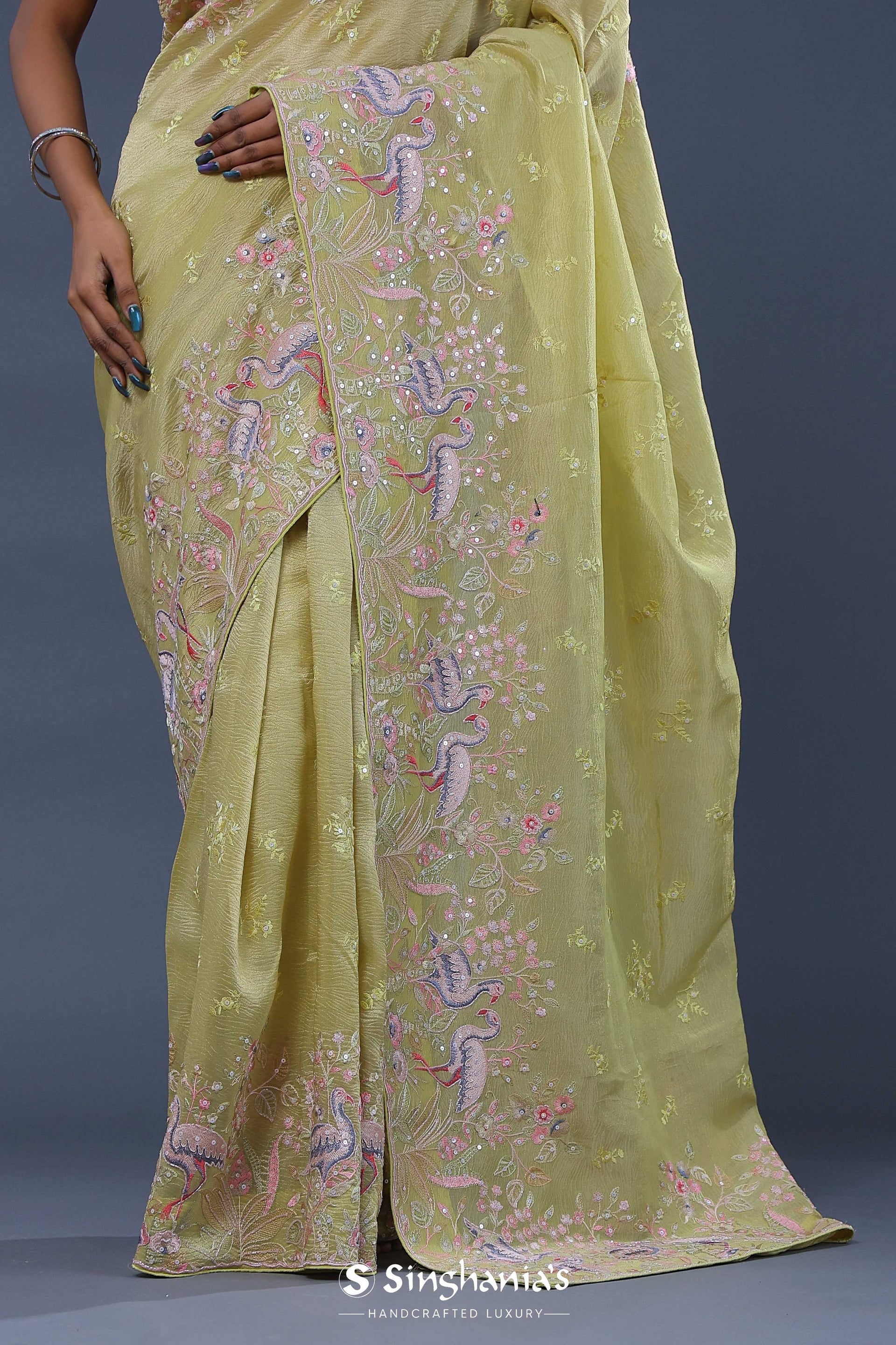 <img> Tan Brown Crushed Tissue Saree With Embroidery Work